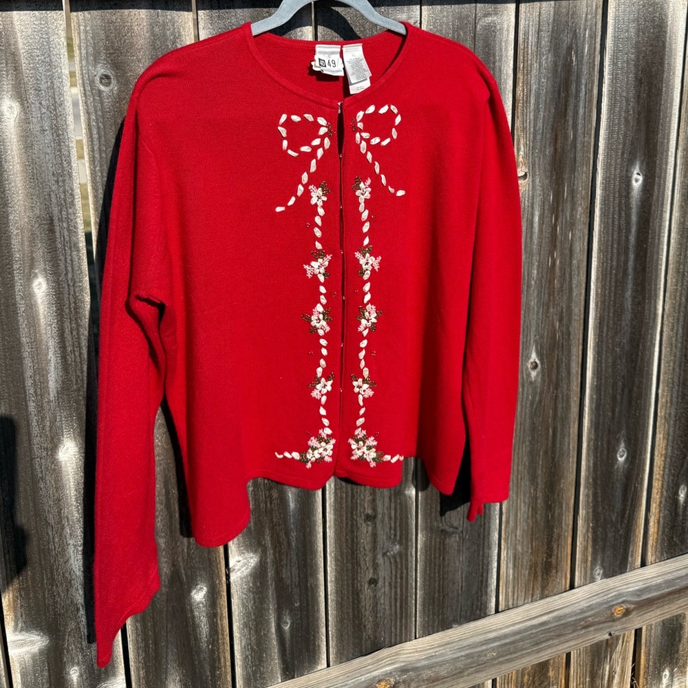 Emma James Red Cardigan with Floral Embellishments